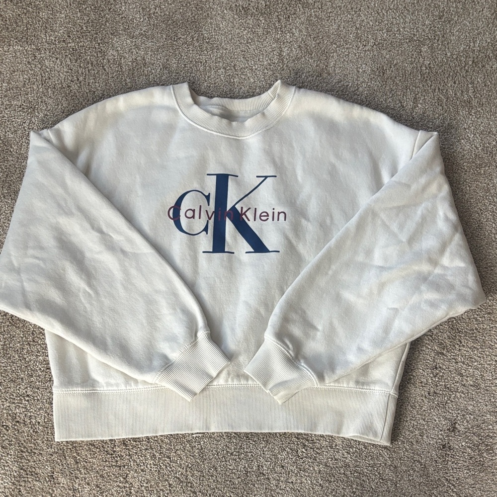 Calvin Klein Cream Sweatshirt with Blue Logo